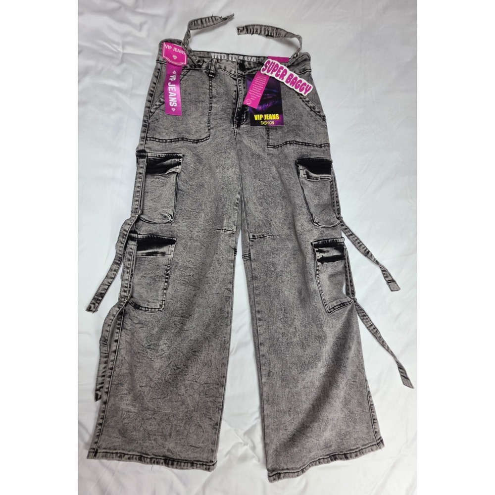 VIP Jeans Fashion Women 9 Gray Acid Wash Cargo Wide Leg Jeans Belted NWT